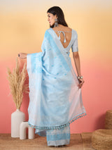 ZARI MAHAL-Sky Blue Handwoven Linen Saree with Elegant Woven Border & Tassel Pallu