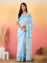 ZARI MAHAL-Sky Blue Handwoven Linen Saree with Elegant Woven Border & Tassel Pallu