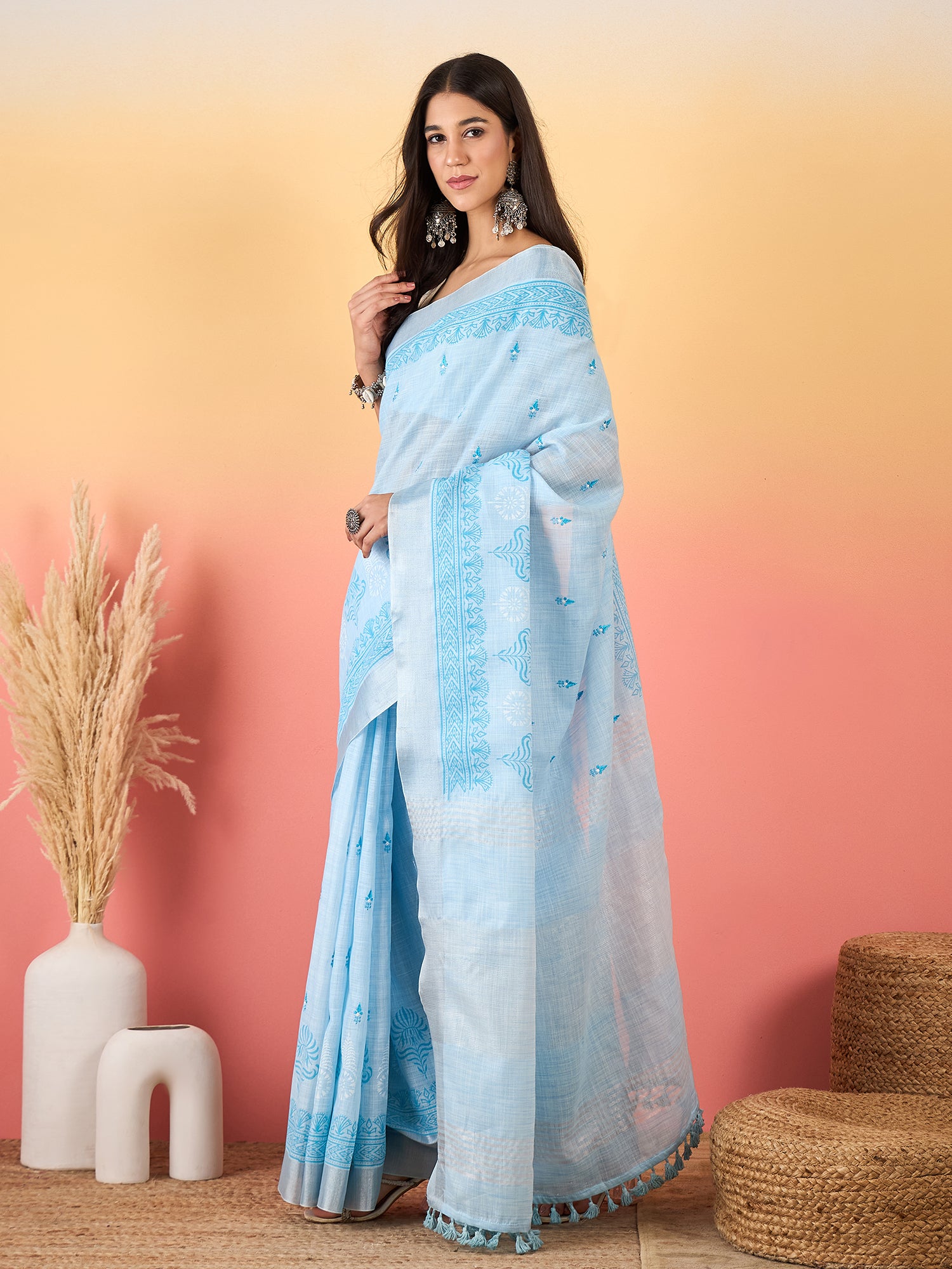 ZARI MAHAL-Sky Blue Handwoven Linen Saree with Elegant Woven Border & Tassel Pallu