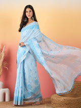 ZARI MAHAL-Sky Blue Handwoven Linen Saree with Elegant Woven Border & Tassel Pallu