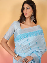 ZARI MAHAL-Sky Blue Handwoven Linen Saree with Elegant Woven Border & Tassel Pallu