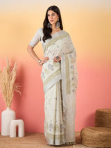 ZARI MAHAL-Ivory Grace Handwoven Linen Saree with Olive Ethnic Motifs