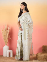 ZARI MAHAL-Ivory Grace Handwoven Linen Saree with Olive Ethnic Motifs