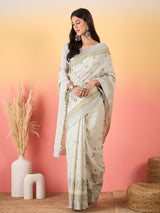 ZARI MAHAL-Ivory Grace Handwoven Linen Saree with Olive Ethnic Motifs