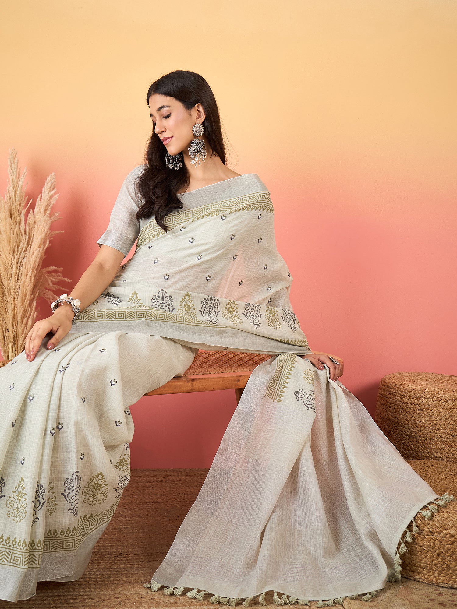 ZARI MAHAL-Ivory Grace Handwoven Linen Saree with Olive Ethnic Motifs