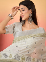 ZARI MAHAL-Ivory Grace Handwoven Linen Saree with Olive Ethnic Motifs
