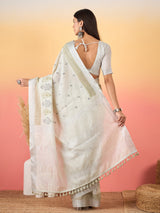 ZARI MAHAL-Ivory Grace Handwoven Linen Saree with Olive Ethnic Motifs