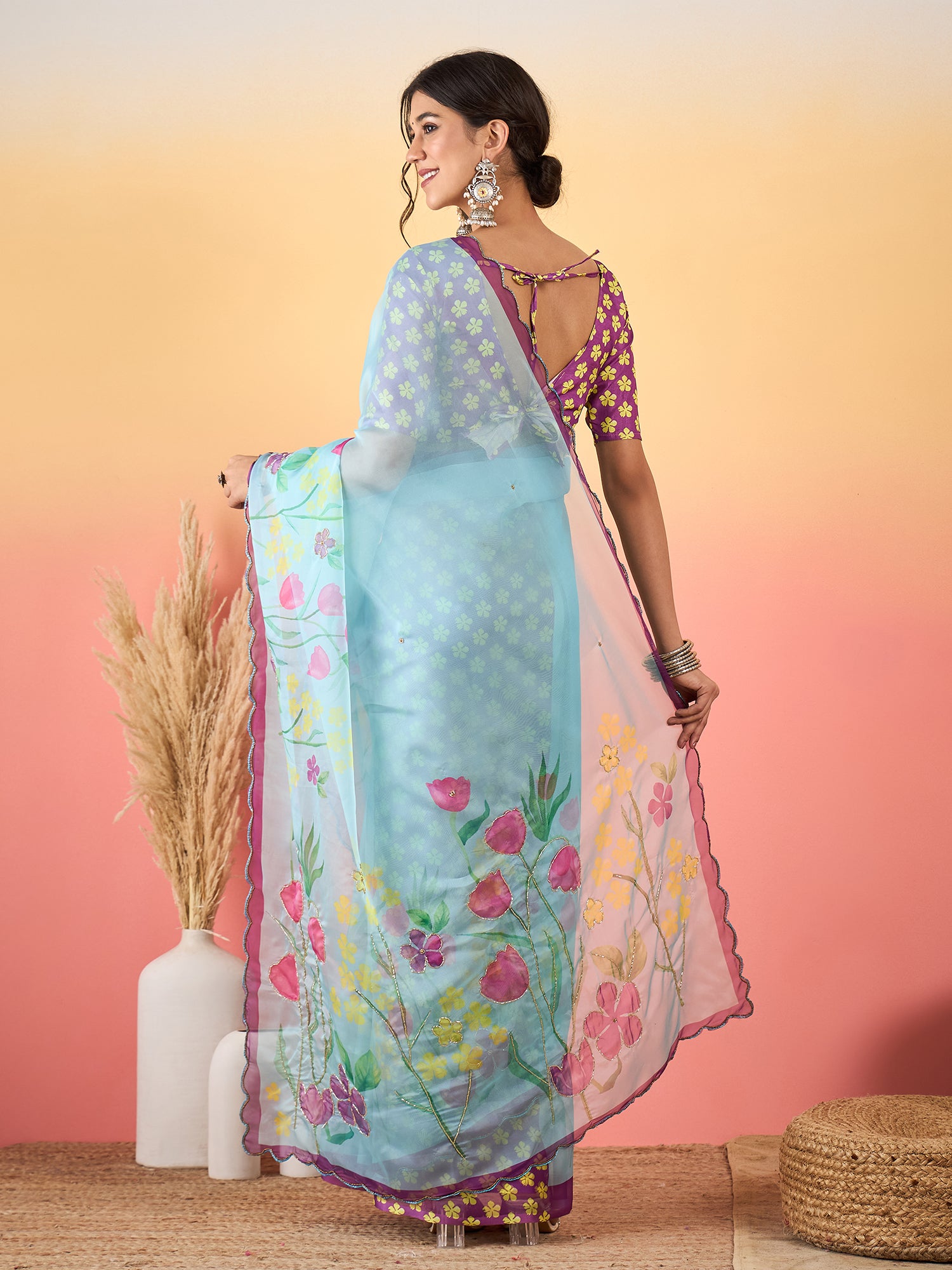 HARMONY-Sky Blue Organza Floral Printed Designer Saree with Contrast Purple Blouse