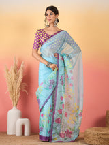HARMONY-Sky Blue Organza Floral Printed Designer Saree with Contrast Purple Blouse
