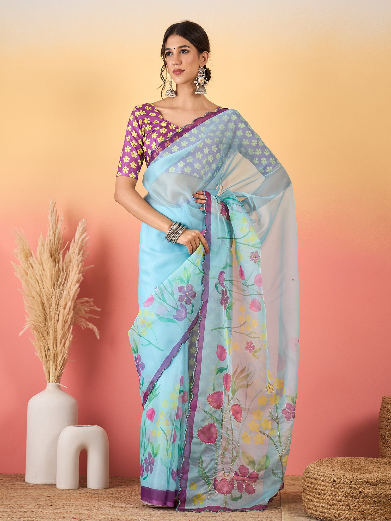 HARMONY-Sky Blue Organza Floral Printed Designer Saree with Contrast Purple Blouse