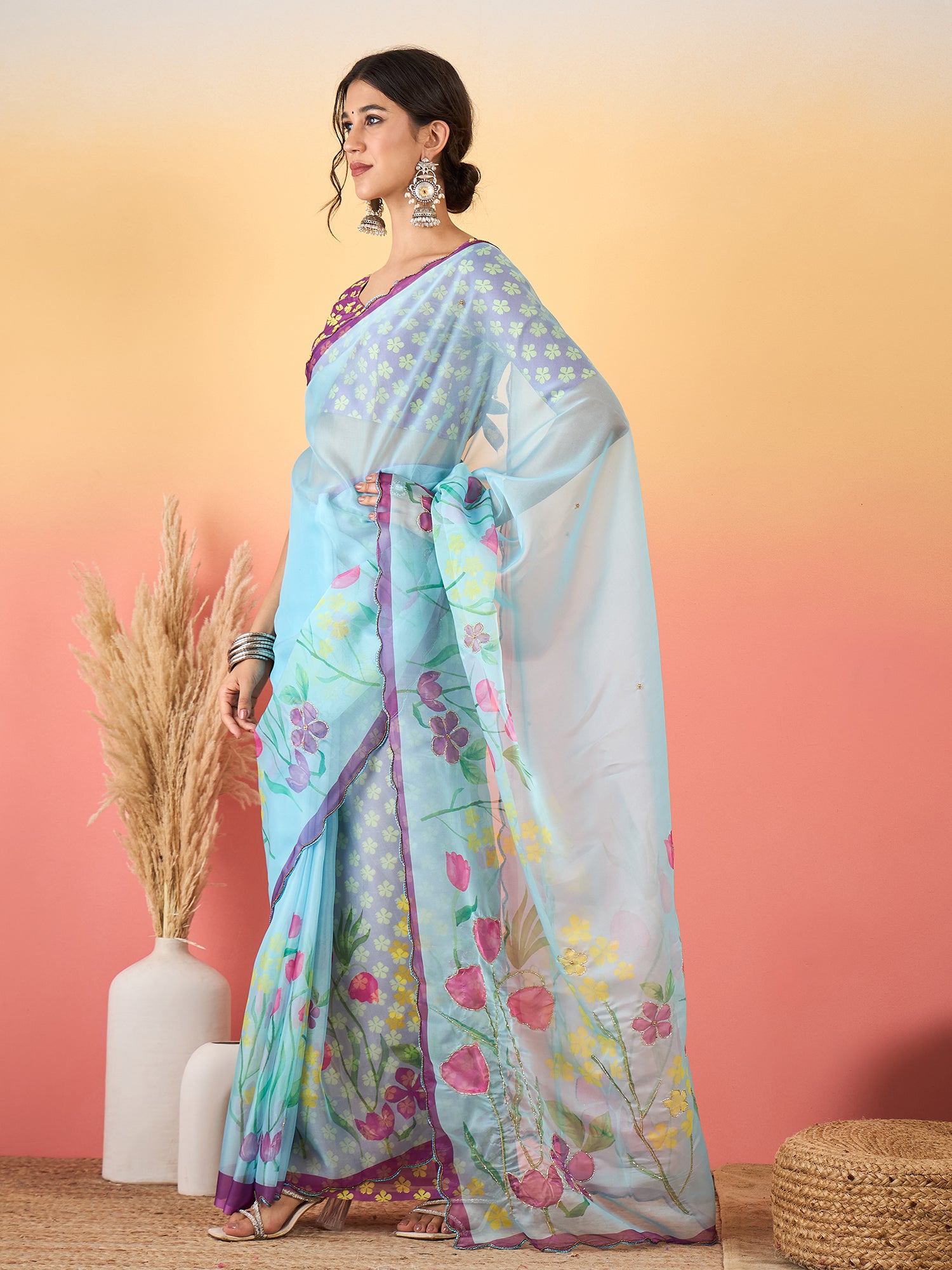 HARMONY-Sky Blue Organza Floral Printed Designer Saree with Contrast Purple Blouse