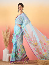 HARMONY-Sky Blue Organza Floral Printed Designer Saree with Contrast Purple Blouse