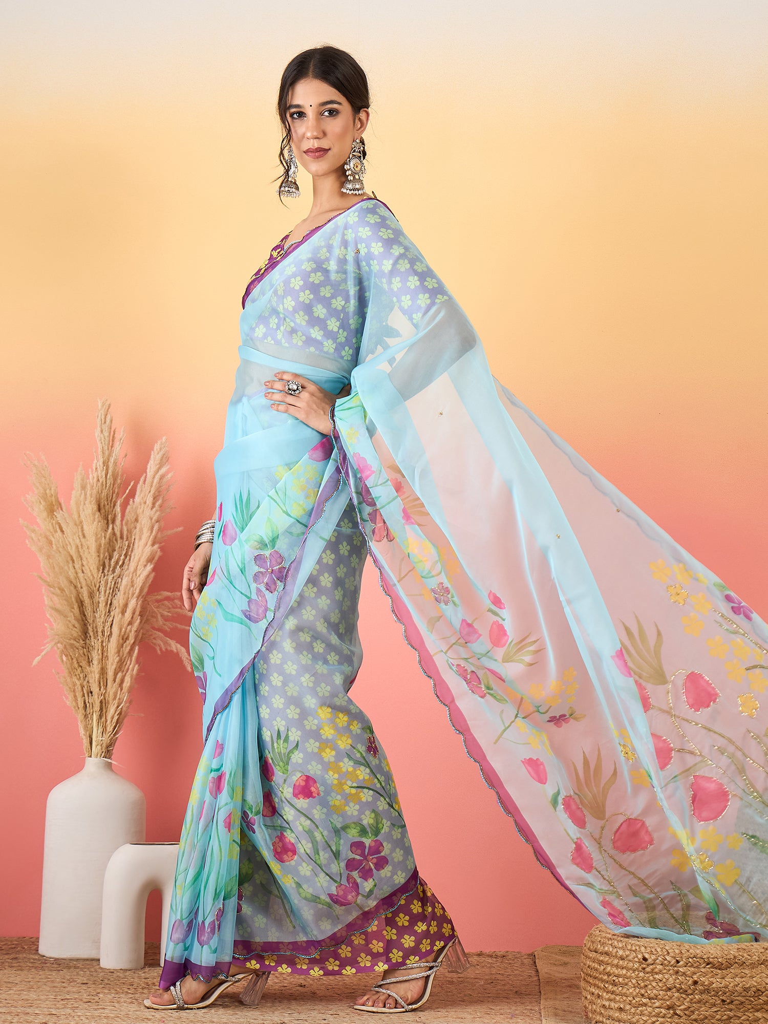 HARMONY-Sky Blue Organza Floral Printed Designer Saree with Contrast Purple Blouse