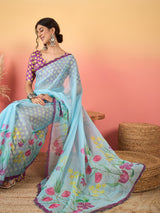 HARMONY-Sky Blue Organza Floral Printed Designer Saree with Contrast Purple Blouse