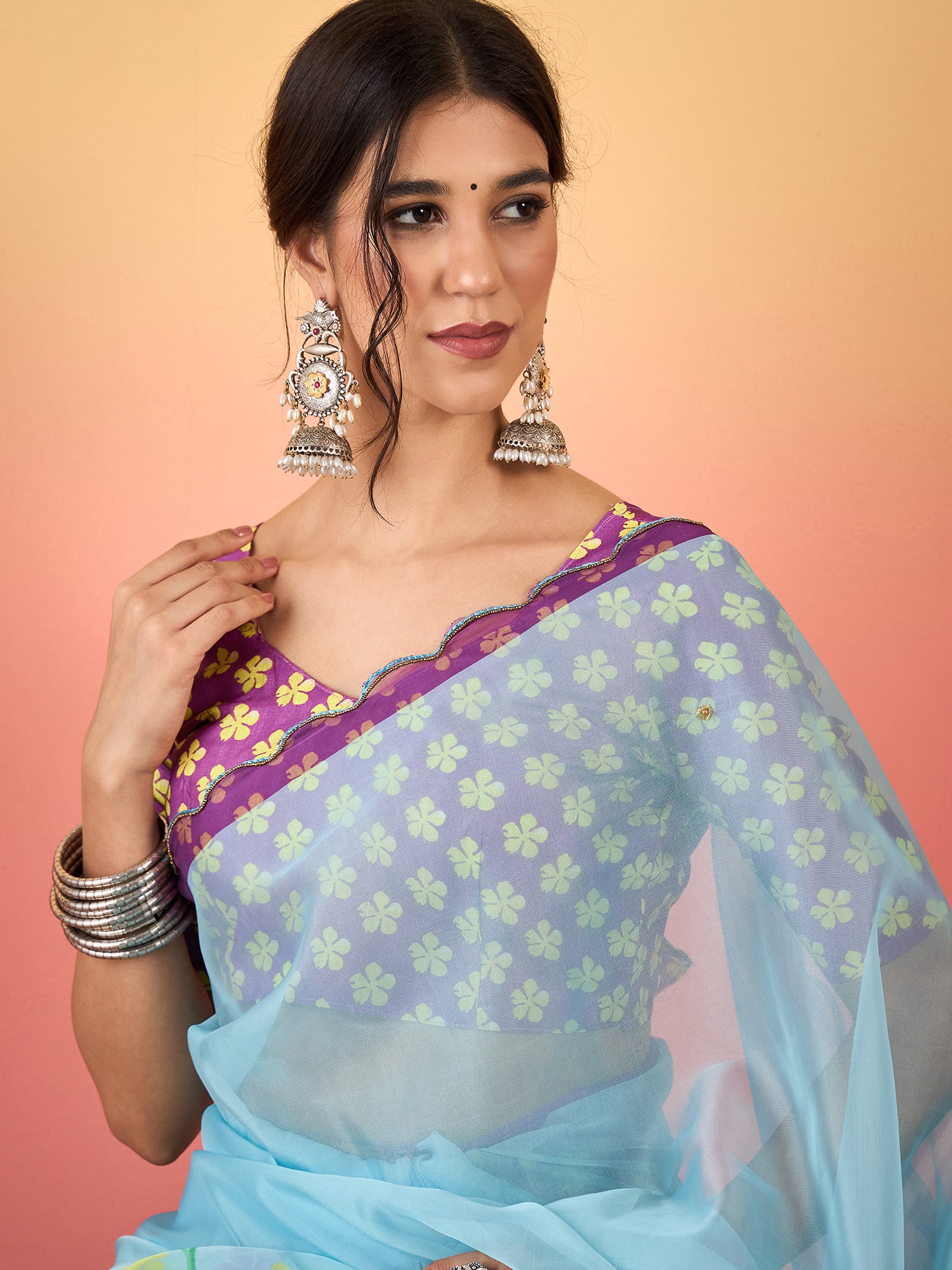 HARMONY-Sky Blue Organza Floral Printed Designer Saree with Contrast Purple Blouse