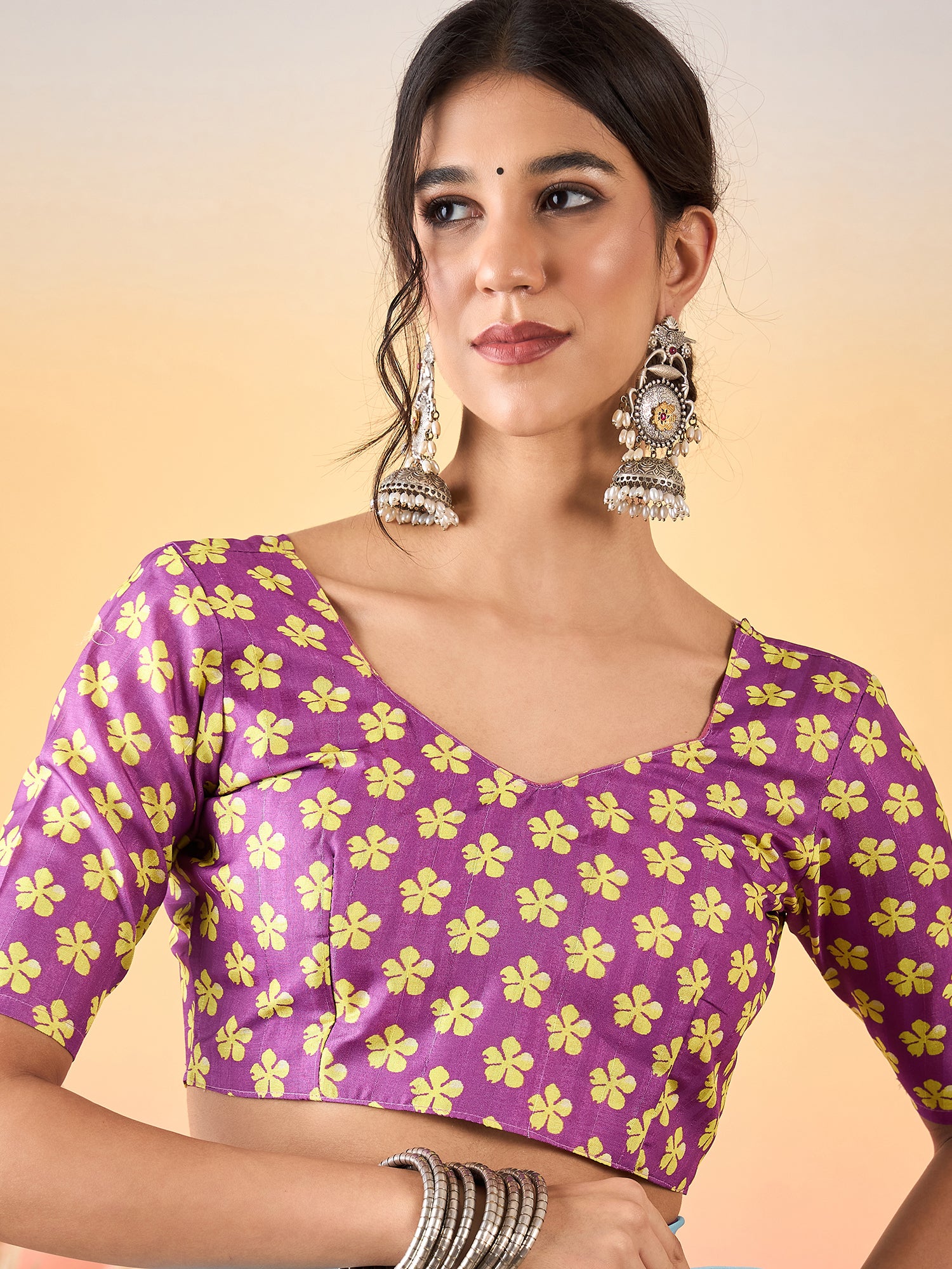 HARMONY-Sky Blue Organza Floral Printed Designer Saree with Contrast Purple Blouse
