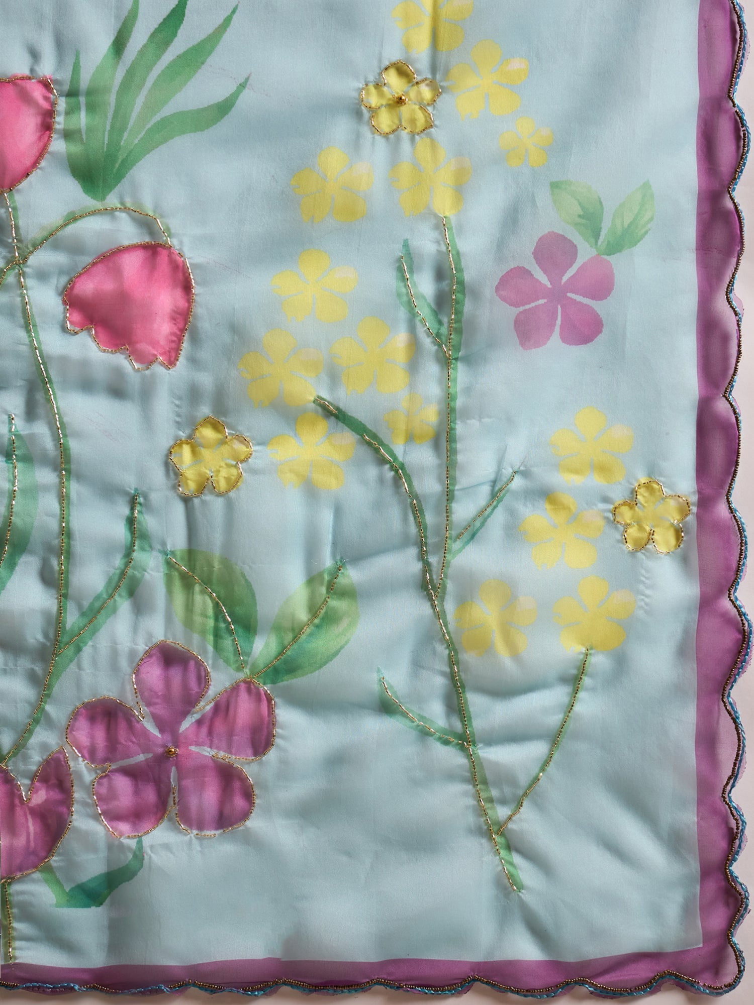 HARMONY-Sky Blue Organza Floral Printed Designer Saree with Contrast Purple Blouse
