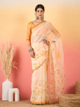 HARMONY-Peach Floral Organza Saree with Elegant Printed Border and Designer Blouse