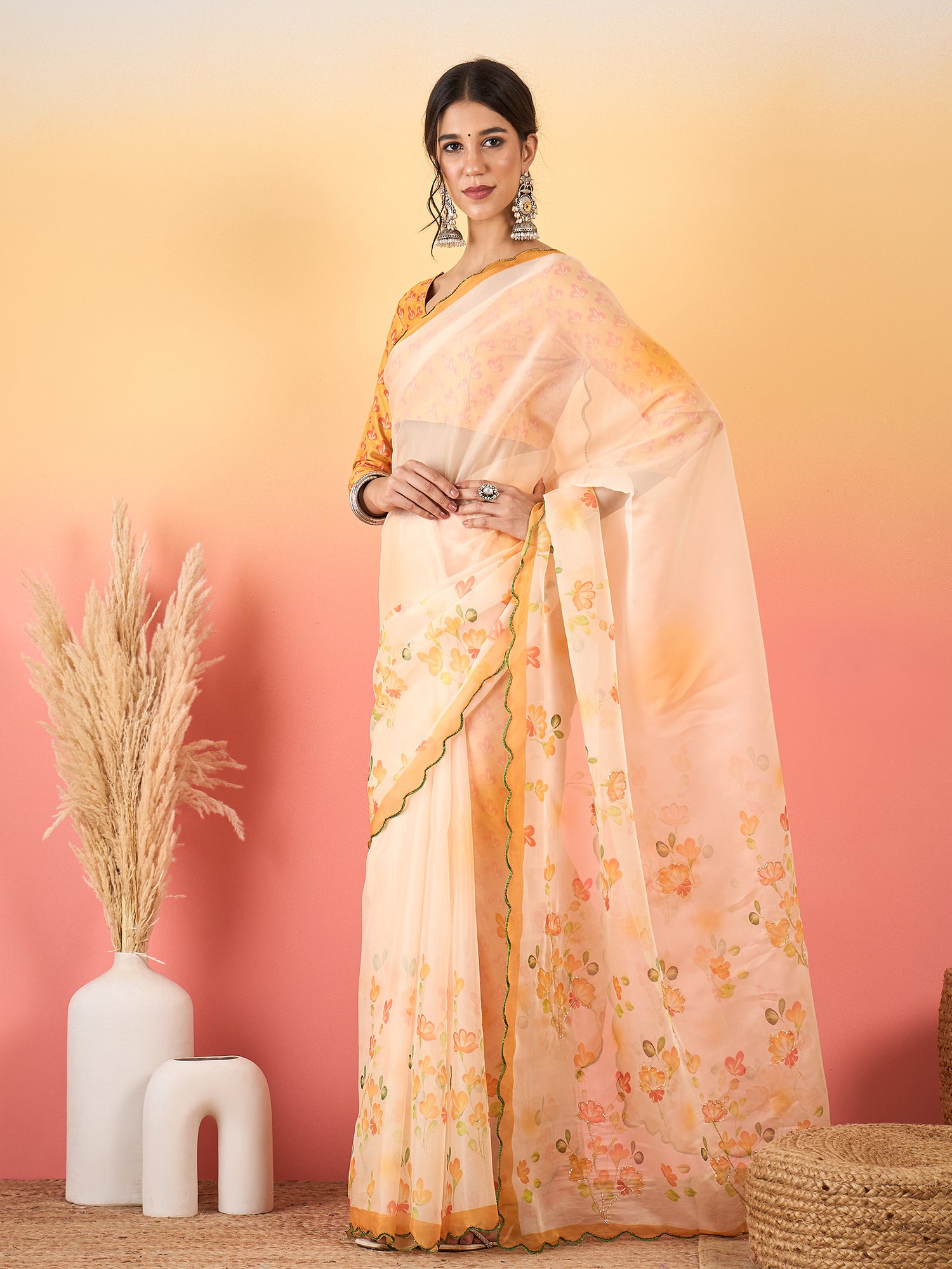 HARMONY-Peach Floral Organza Saree with Elegant Printed Border and Designer Blouse