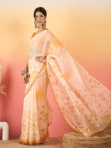 HARMONY-Peach Floral Organza Saree with Elegant Printed Border and Designer Blouse
