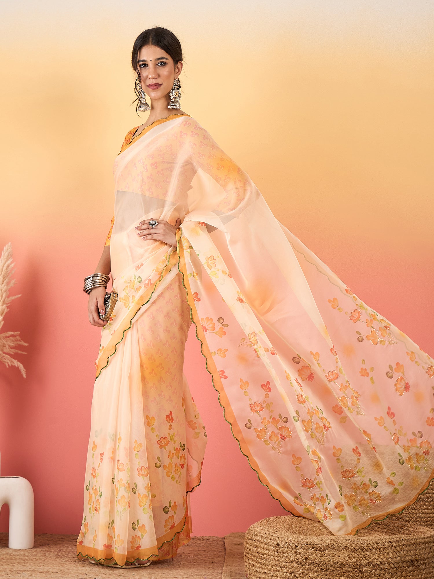 HARMONY-Peach Floral Organza Saree with Elegant Printed Border and Designer Blouse