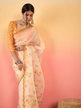 HARMONY-Peach Floral Organza Saree with Elegant Printed Border and Designer Blouse