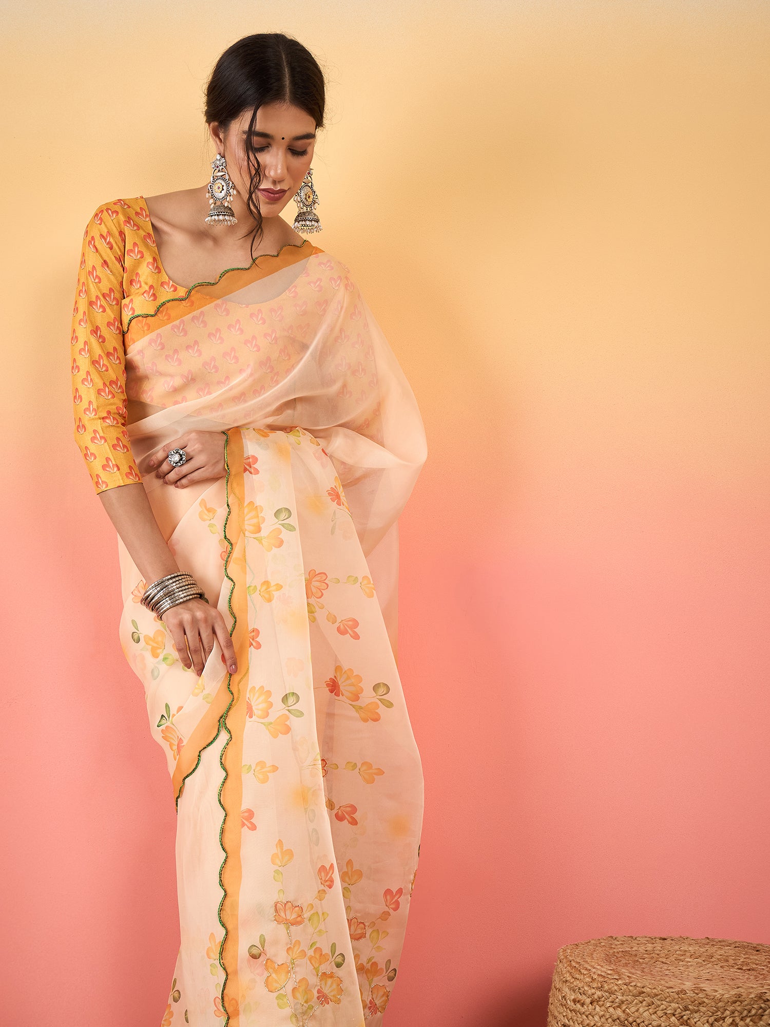 HARMONY-Peach Floral Organza Saree with Elegant Printed Border and Designer Blouse