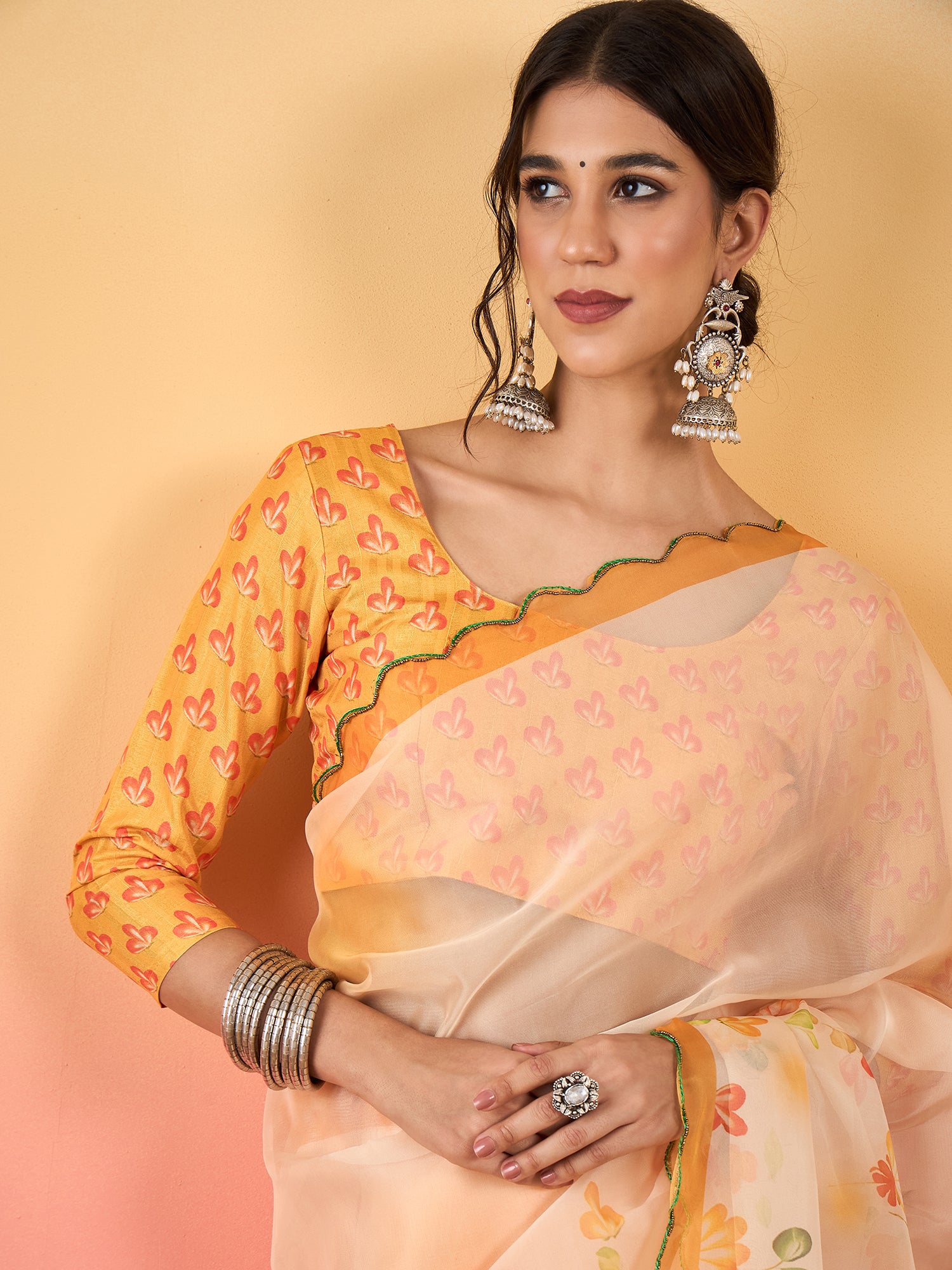 HARMONY-Peach Floral Organza Saree with Elegant Printed Border and Designer Blouse