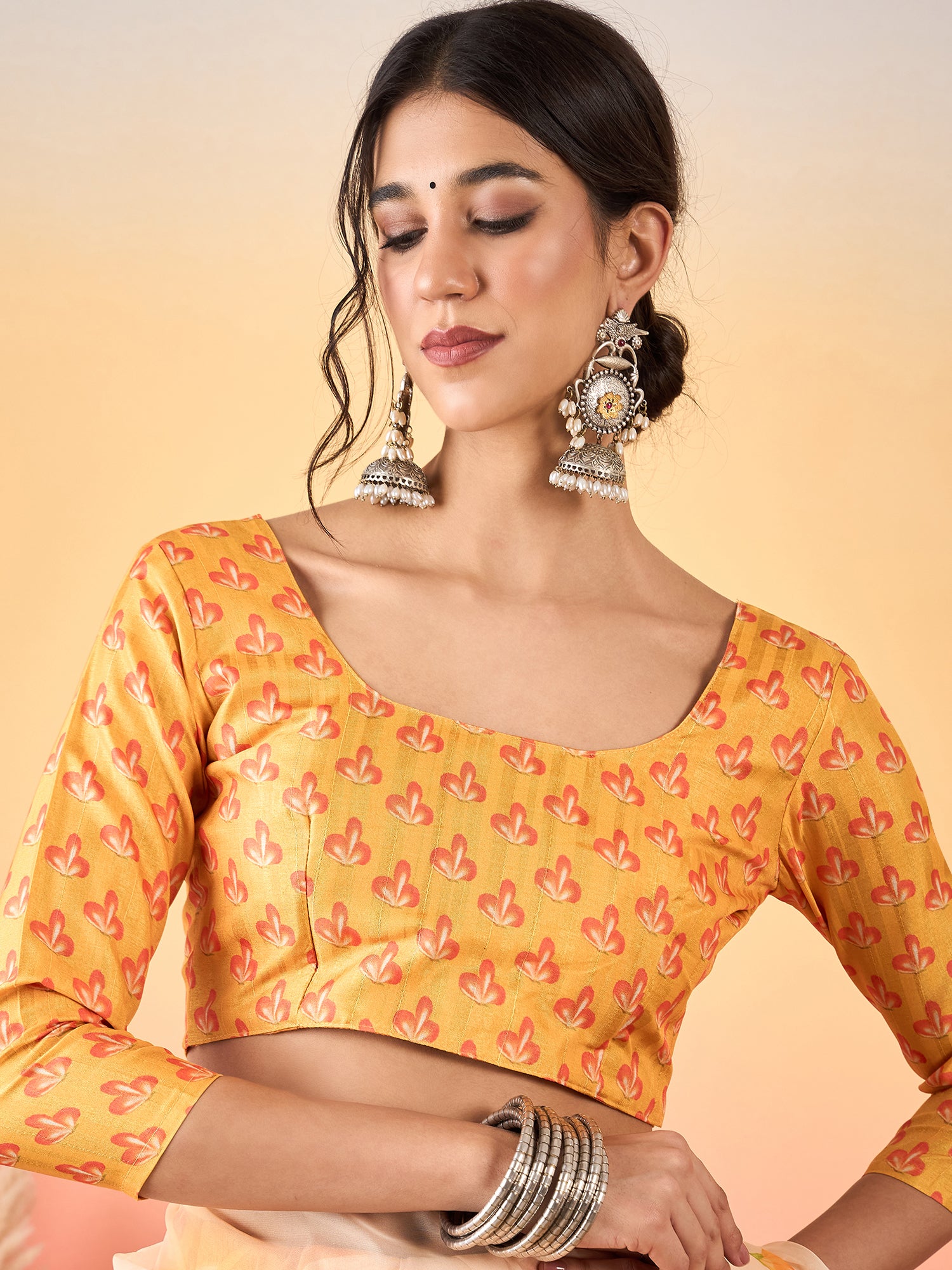 HARMONY-Peach Floral Organza Saree with Elegant Printed Border and Designer Blouse
