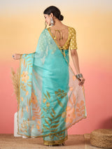 HARMONY-Aqua Blue Organza Saree with Golden Floral Print and Designer Blouse