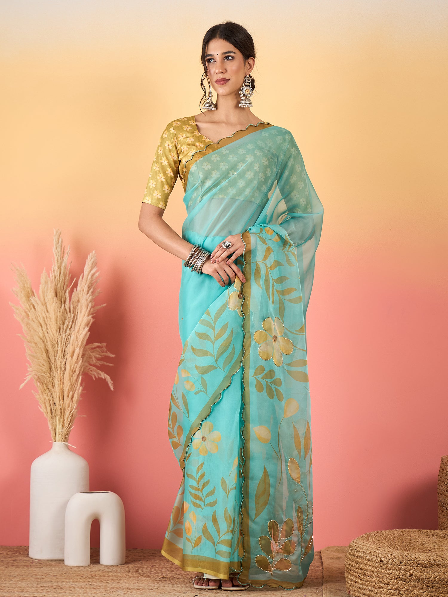 HARMONY-Aqua Blue Organza Saree with Golden Floral Print and Designer Blouse