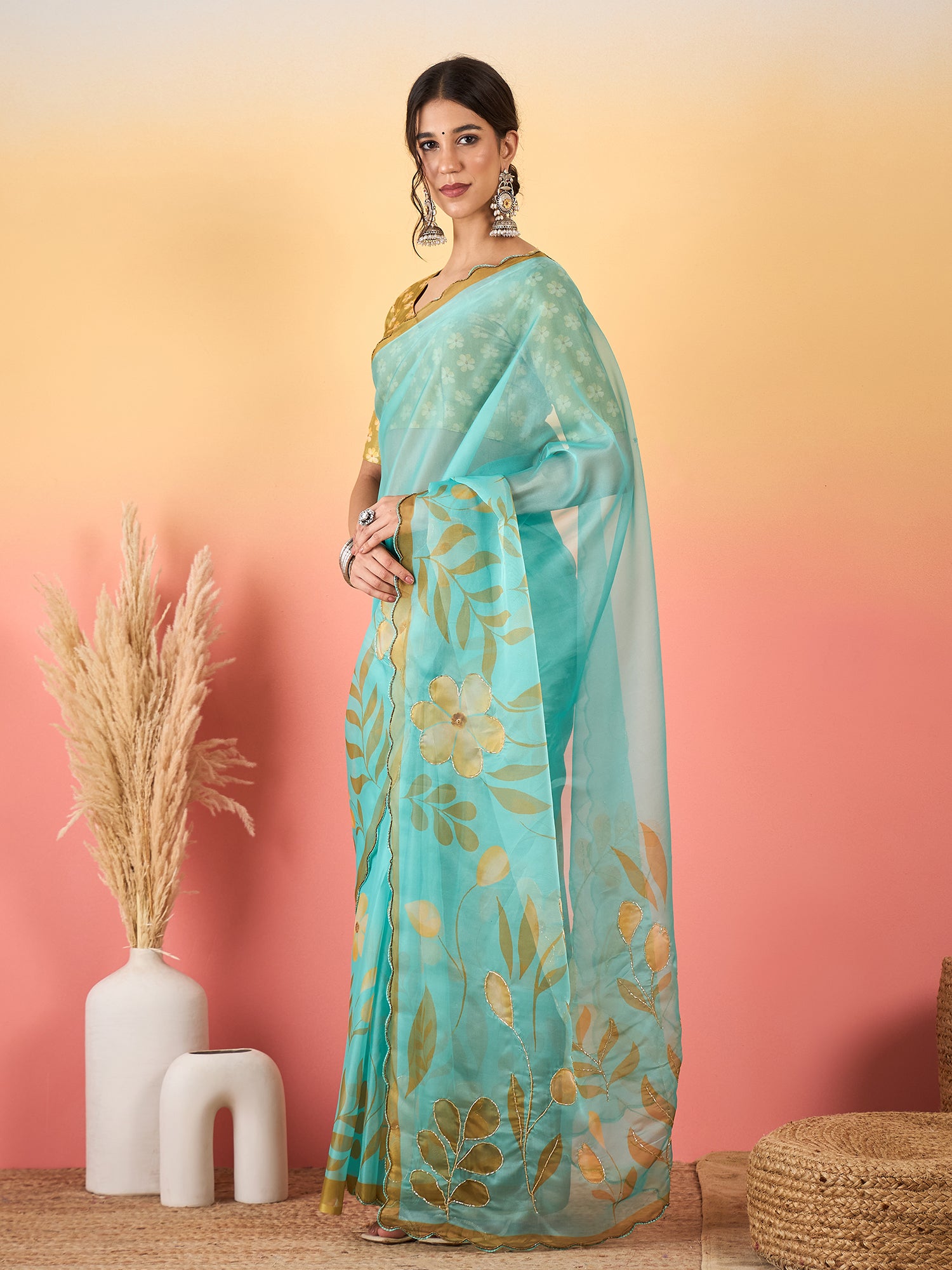 HARMONY-Aqua Blue Organza Saree with Golden Floral Print and Designer Blouse