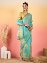 HARMONY-Aqua Blue Organza Saree with Golden Floral Print and Designer Blouse