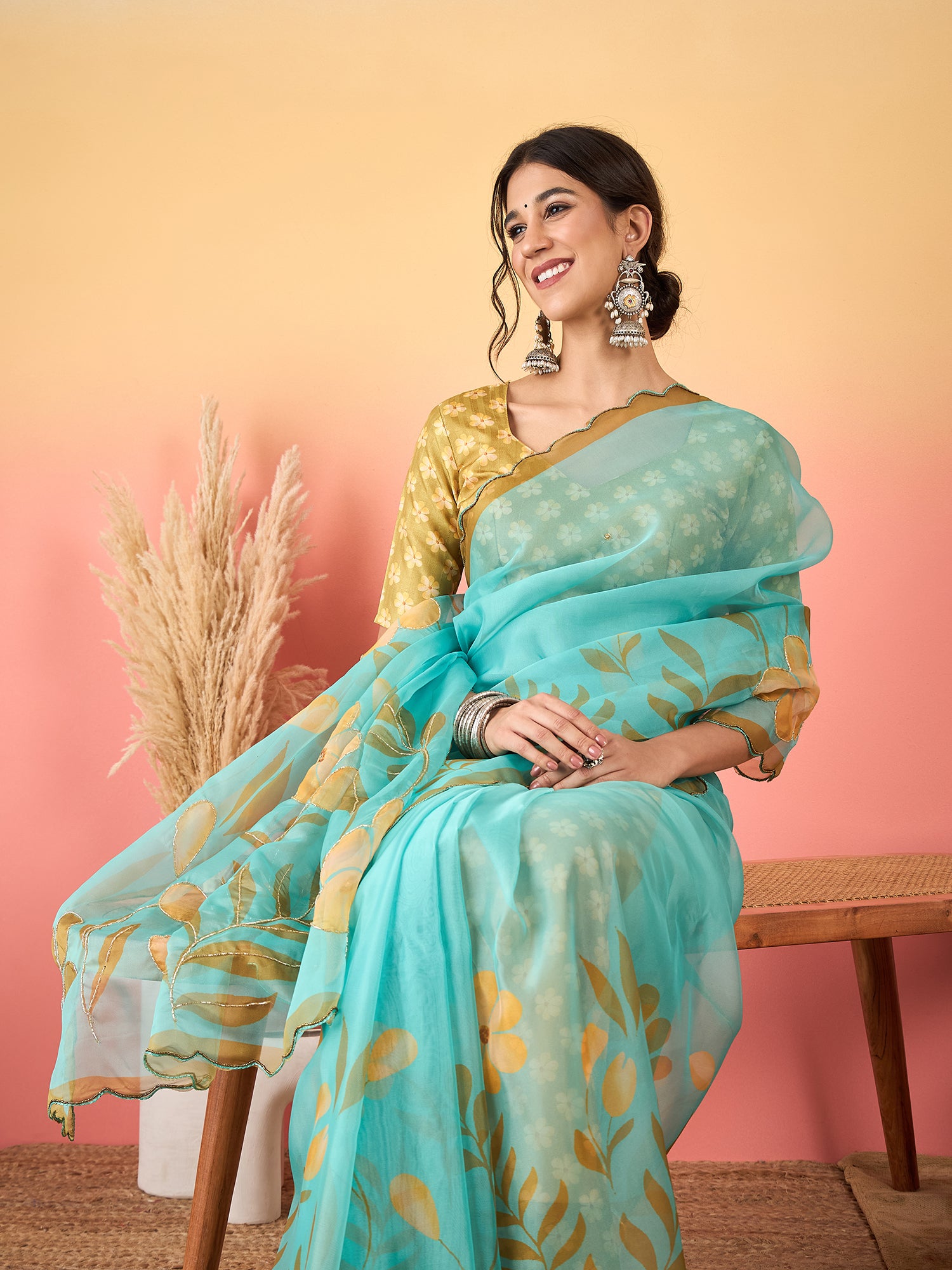HARMONY-Aqua Blue Organza Saree with Golden Floral Print and Designer Blouse
