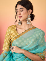 HARMONY-Aqua Blue Organza Saree with Golden Floral Print and Designer Blouse
