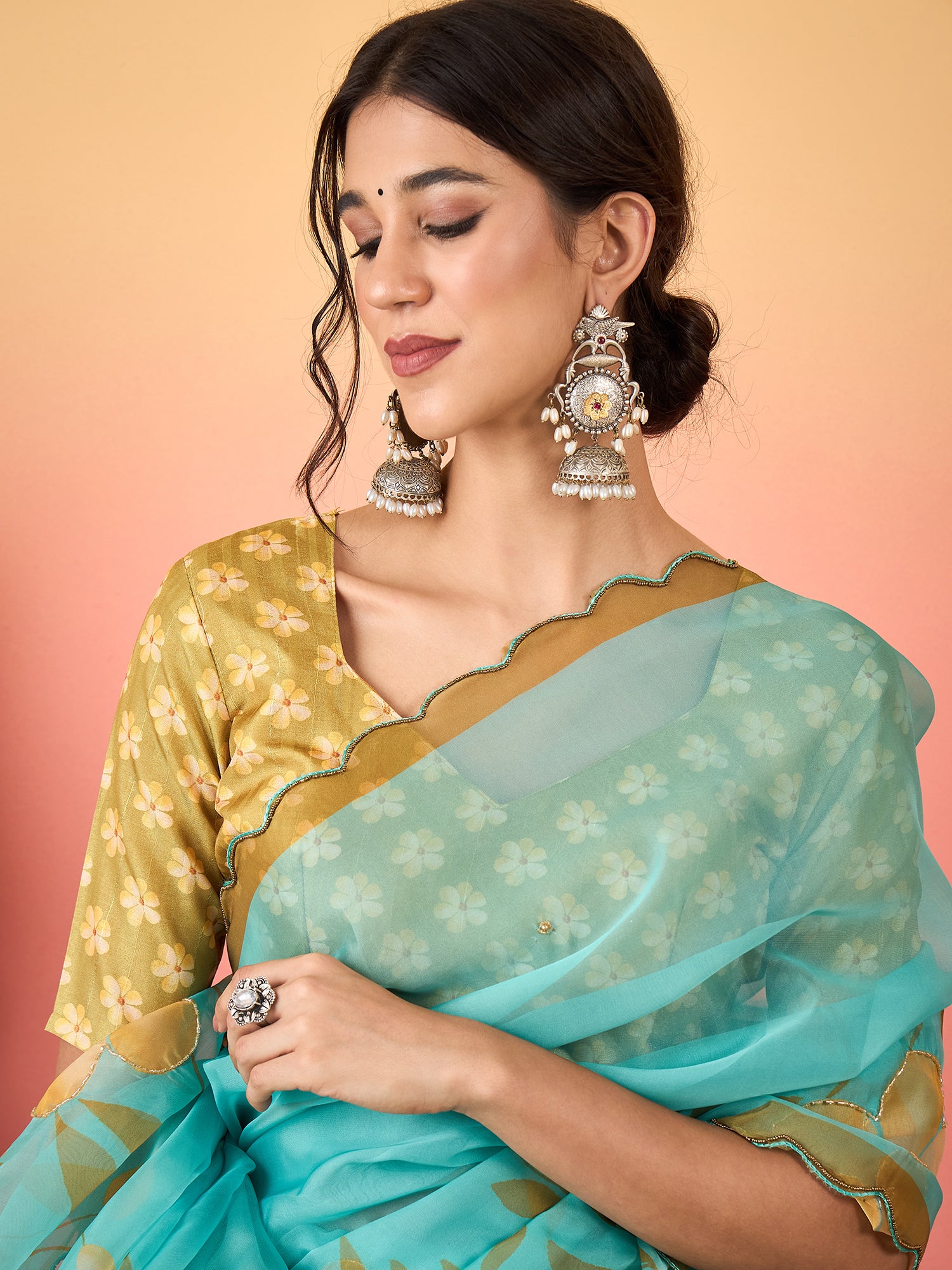 HARMONY-Aqua Blue Organza Saree with Golden Floral Print and Designer Blouse
