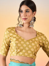 HARMONY-Aqua Blue Organza Saree with Golden Floral Print and Designer Blouse