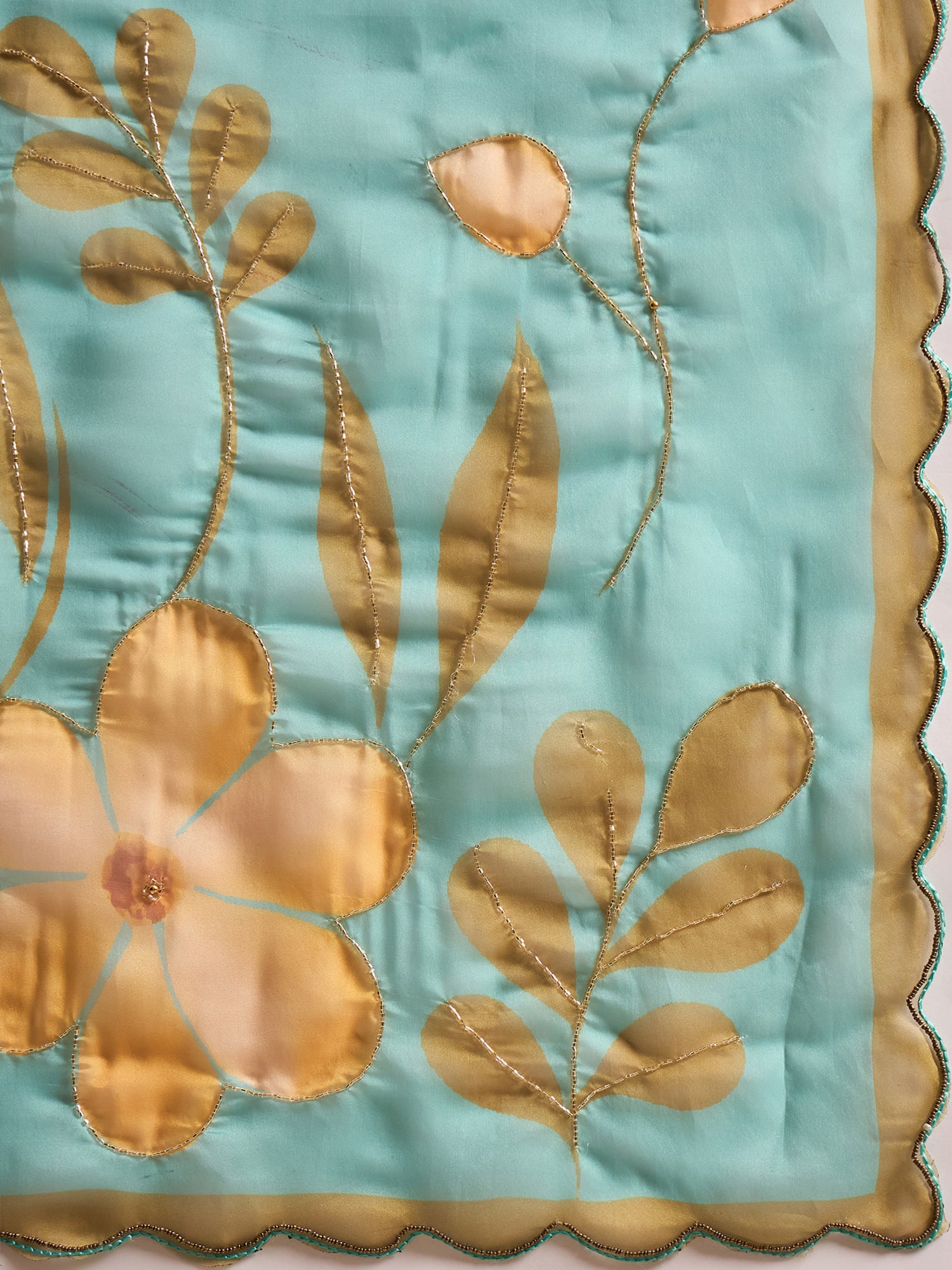 HARMONY-Aqua Blue Organza Saree with Golden Floral Print and Designer Blouse