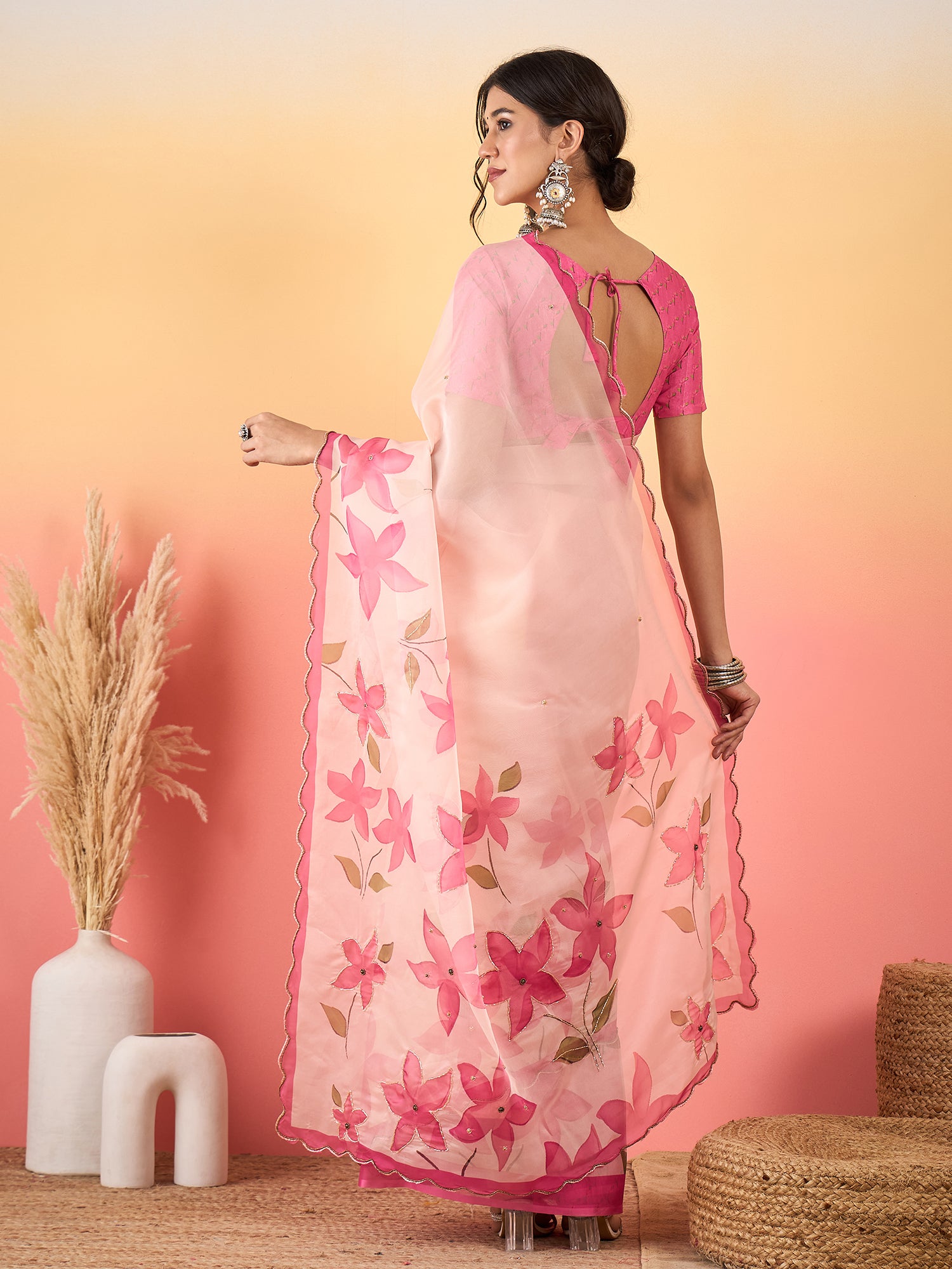 HARMONY-Blush Pink Organza Saree with Floral Print and Designer Pink Blouse