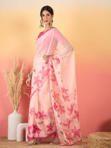 HARMONY-Blush Pink Organza Saree with Floral Print and Designer Pink Blouse