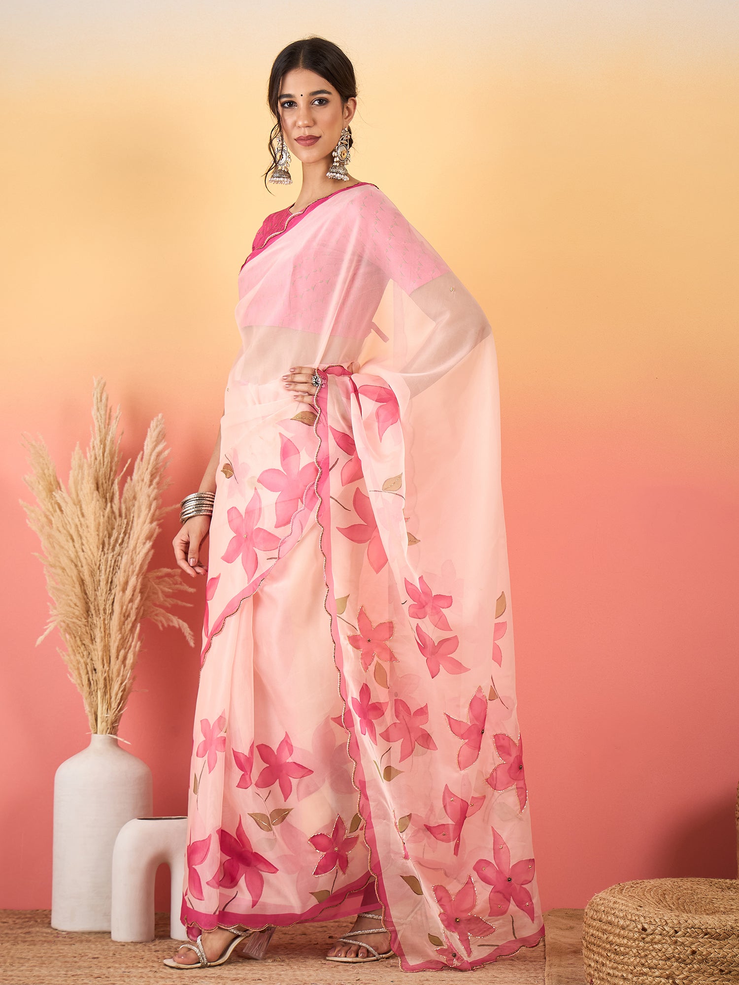 HARMONY-Blush Pink Organza Saree with Floral Print and Designer Pink Blouse