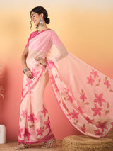 HARMONY-Blush Pink Organza Saree with Floral Print and Designer Pink Blouse