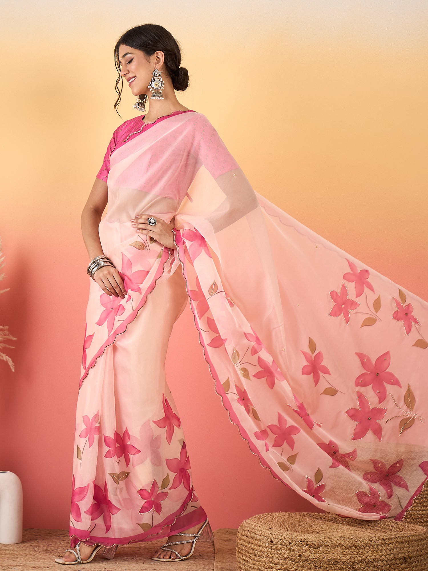 HARMONY-Blush Pink Organza Saree with Floral Print and Designer Pink Blouse