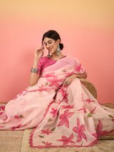 HARMONY-Blush Pink Organza Saree with Floral Print and Designer Pink Blouse