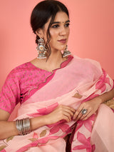 HARMONY-Blush Pink Organza Saree with Floral Print and Designer Pink Blouse