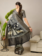 ADHIRA-Royal Black Heritage Printed Saree with Rich Antique Gold Zari Border and Traditional Artistic Silk Designer Drape