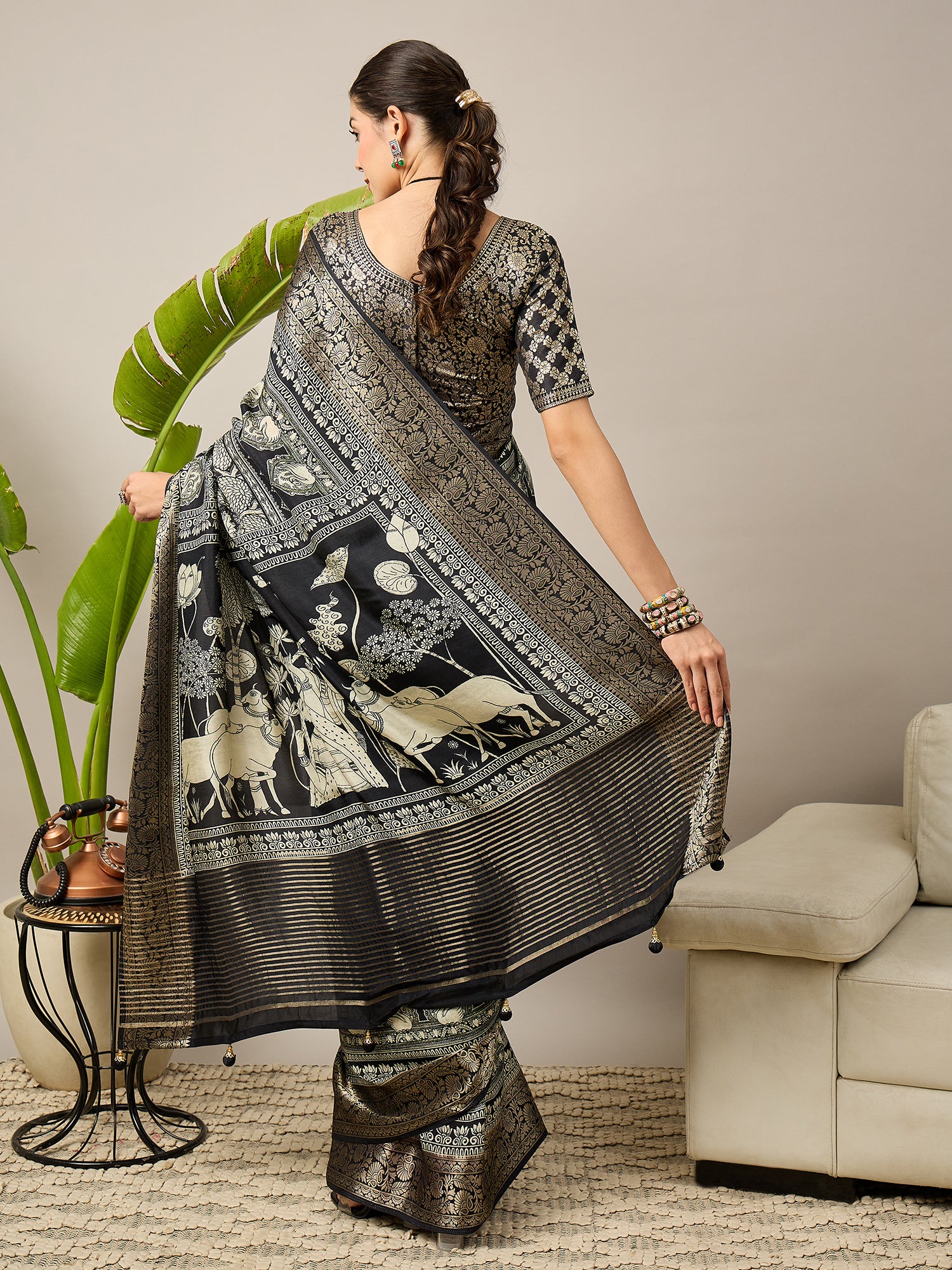 ADHIRA-Royal Black Heritage Printed Saree with Rich Antique Gold Zari Border and Traditional Artistic Silk Designer Drape