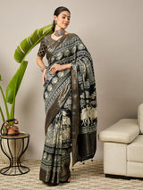 ADHIRA-Royal Black Heritage Printed Saree with Rich Antique Gold Zari Border and Traditional Artistic Silk Designer Drape