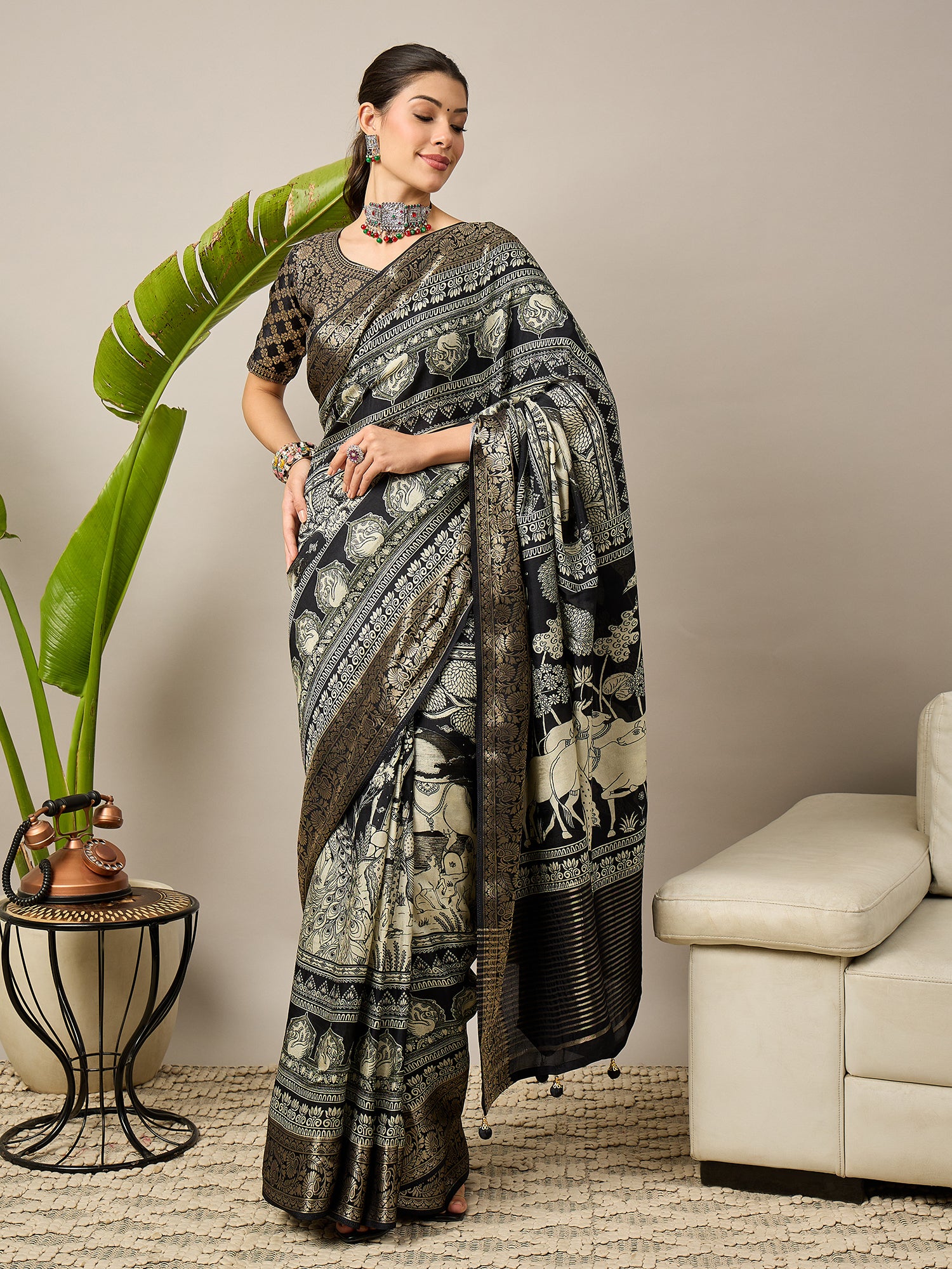 ADHIRA-Royal Black Heritage Printed Saree with Rich Antique Gold Zari Border and Traditional Artistic Silk Designer Drape