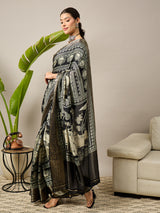 ADHIRA-Royal Black Heritage Printed Saree with Rich Antique Gold Zari Border and Traditional Artistic Silk Designer Drape